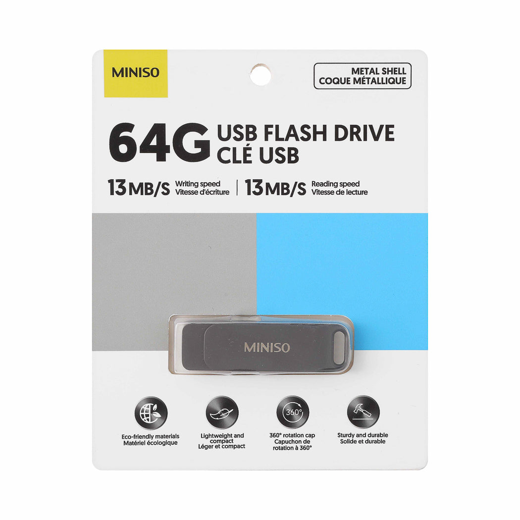Metal 64G USB 2.0 Flash Drive with Swivel Design Model: SLK-303 (Black)