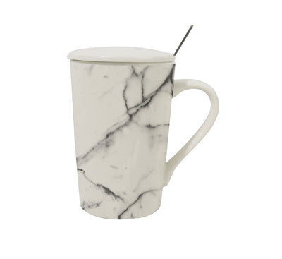 Black and White Series Marble Pattern Ceramic Cup with Lid and Spoon (380mL)(White)