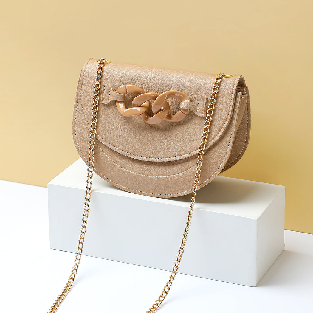 Half Moon Solid Color Crossbody Bag with Chain(Khaki)