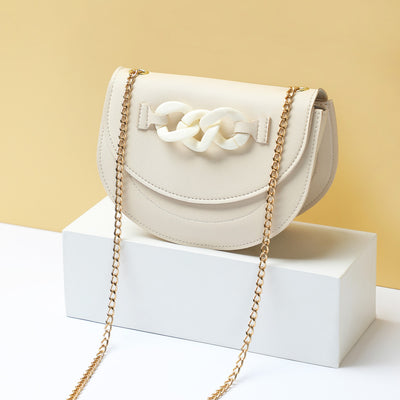 Half Moon Solid Color Crossbody Bag with Chain(Off White)