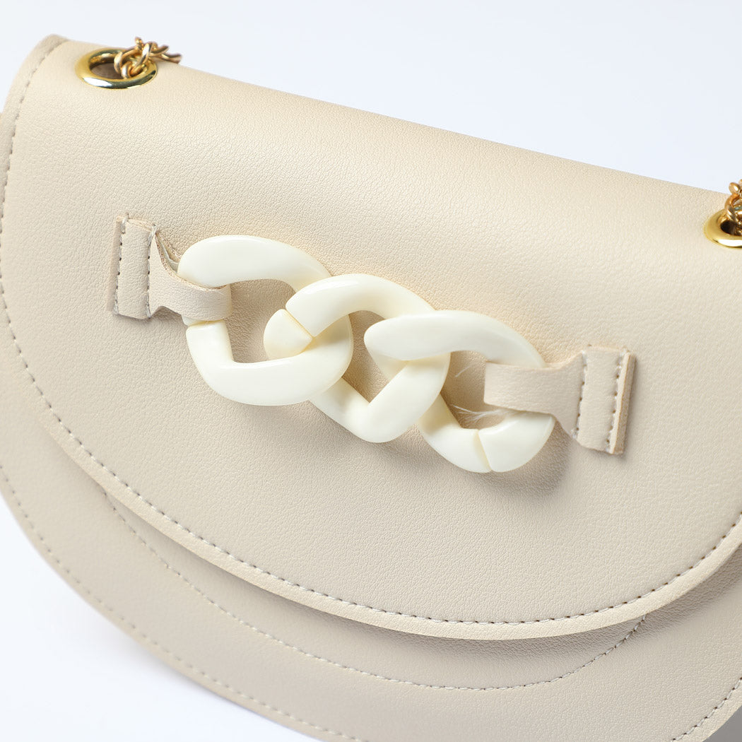 Half Moon Solid Color Crossbody Bag with Chain(Off White)