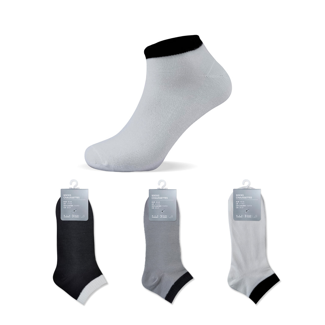 Classic Contrast Color Odor Control Men's Ankle Socks 3 Pairs (Basic Colors)