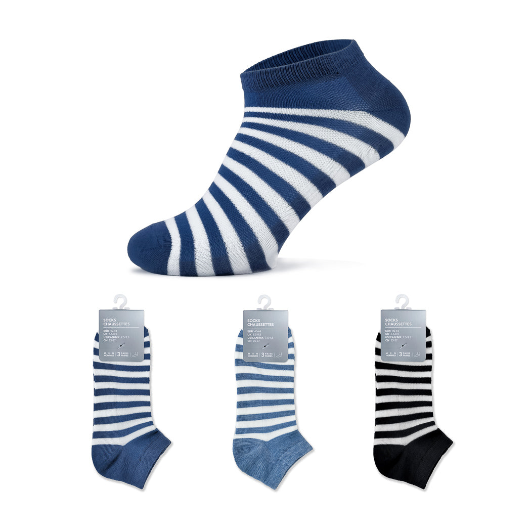 Classic Striped Odor Control Men's Ankle Socks 3 Pairs (Blue)