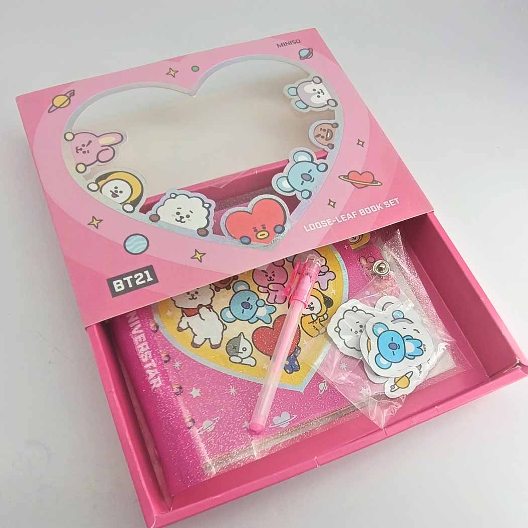 BT21 Collection Pink Stationery Set (80-Sheet Wire-bound Book, Gel Pen, Stickers)