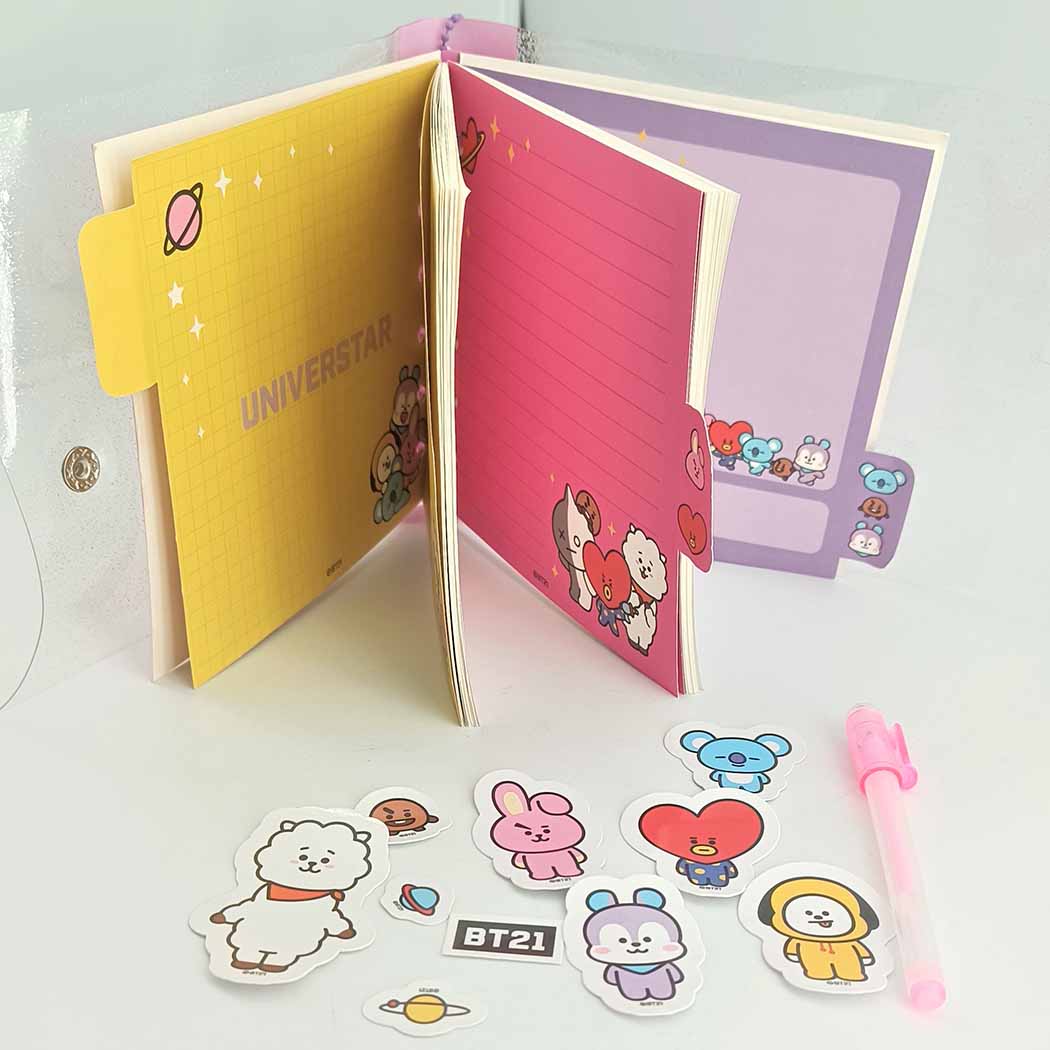 BT21 Collection Pink Stationery Set (80-Sheet Wire-bound Book, Gel Pen, Stickers)